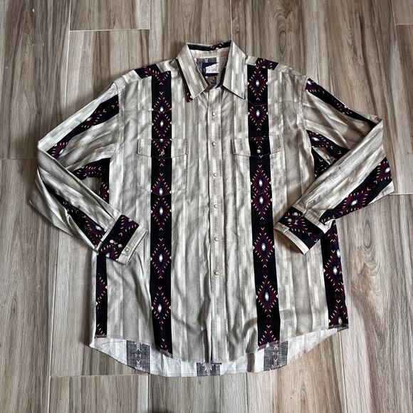 VTG Wrangler Western Shirts Red White Blue Aztec Stripe Pearl Snap XL cowboy - Picture 2 of 6